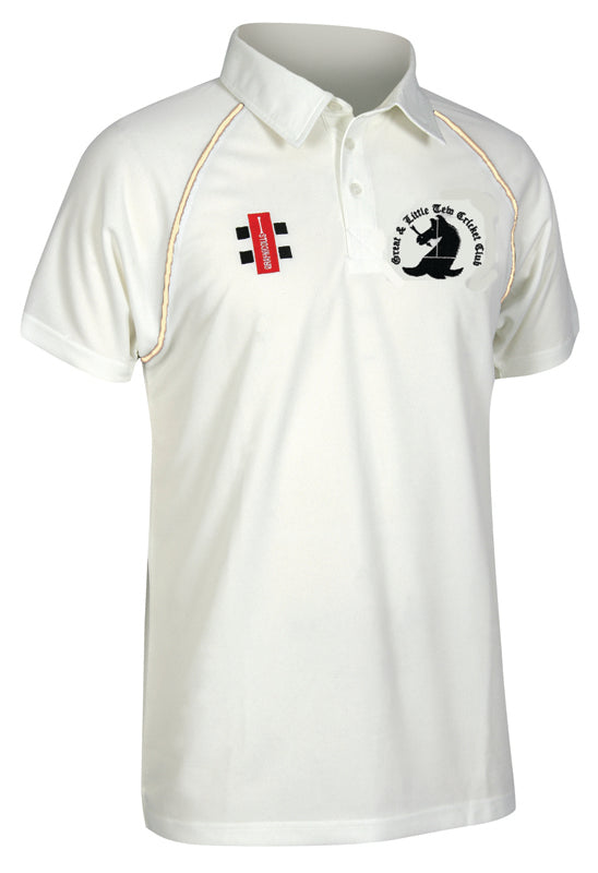The Gray Nicolls Great Tew CC Junior Matrix Shirt features a collar, gold piping on the shoulders, and embroidered chest logos. Made from moisture-wicking sportswear fabric, it keeps young players cool and comfortable on the pitch.