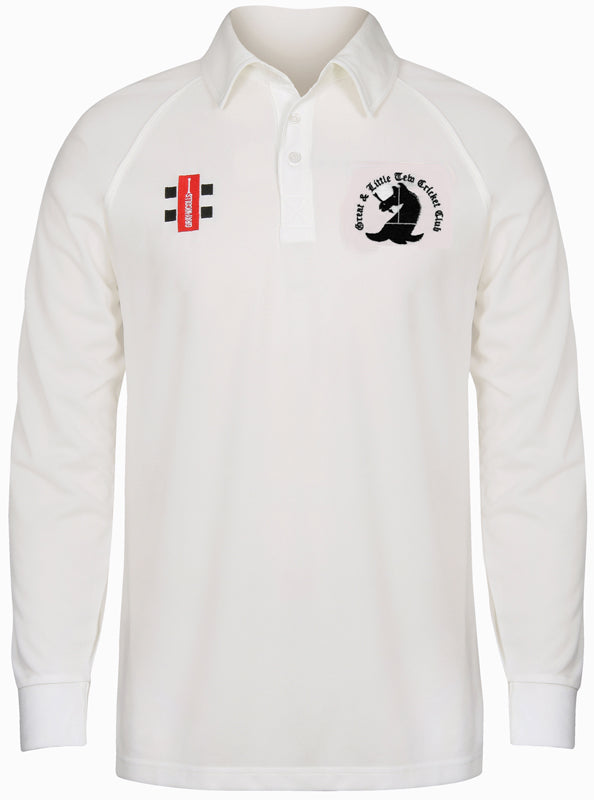 The Gray Nicolls Great Tew CC Junior Matrix V2 Long Sleeve Shirt features a classic 3-button collar, moisture-wicking fabric, an embroidered club logo on the left chest, and a black-and-red patch on the right.