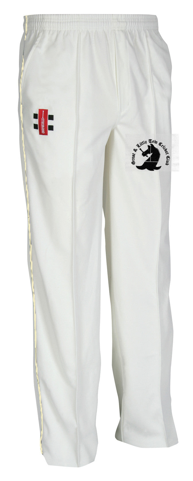 The Gray Nicolls Great Tew CC Junior Matrix V2 Cricket Trouser has an elastic waistband, a red/black patch on the left thigh, a black cricket logo on the right thigh, and a faint yellow stripe down the left side. Ideal for junior players.