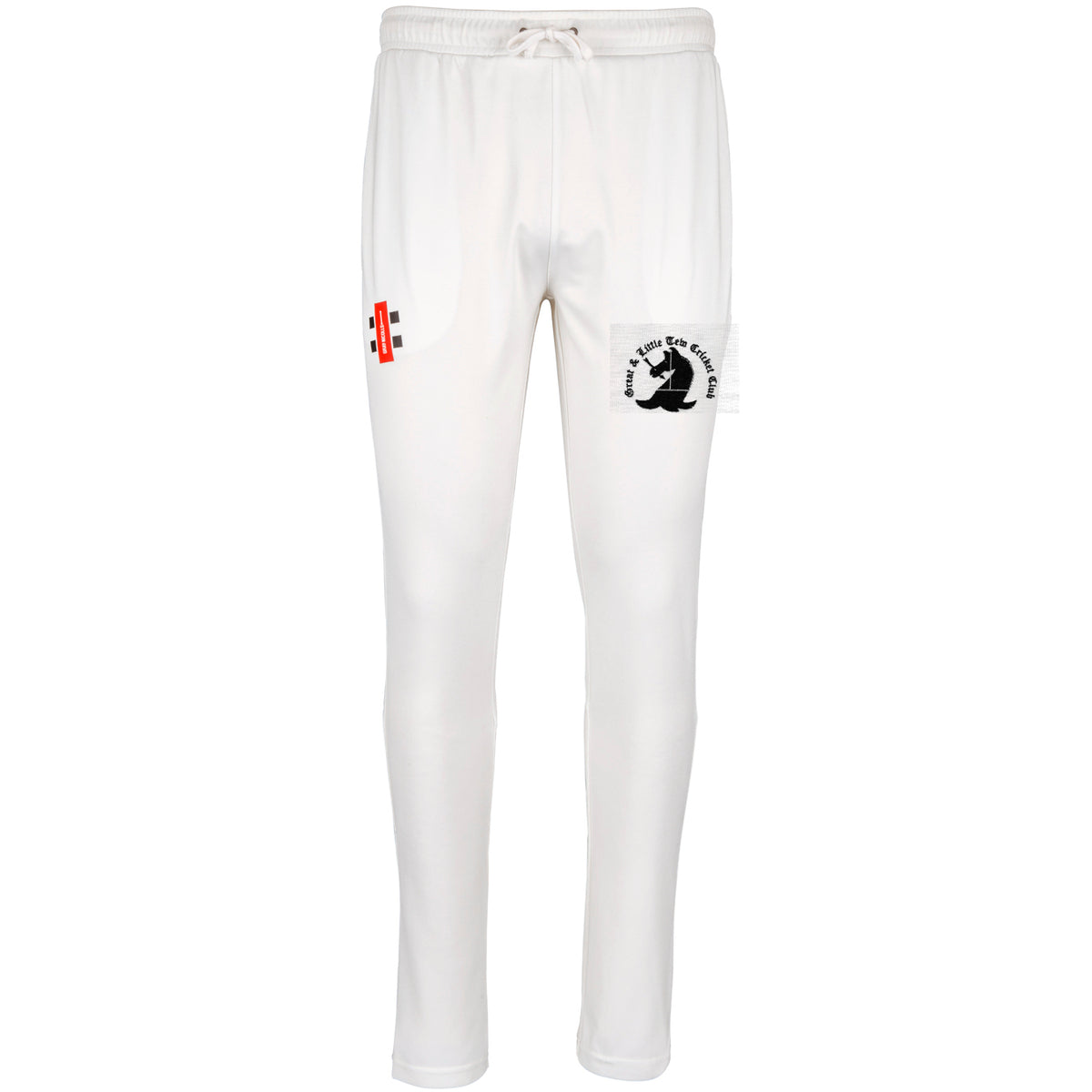 The Gray Nicolls Great Tew CC Pro Performance Cricket Trouser features a drawstring waist, black batsman logo and text on the right thigh, and a red & white emblem on the left. Designed for first-class cricket with excellent moisture management.