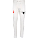 The Gray Nicolls Great Tew CC Pro Performance Cricket Trouser features a drawstring waist, black batsman logo and text on the right thigh, and a red & white emblem on the left. Designed for first-class cricket with excellent moisture management.