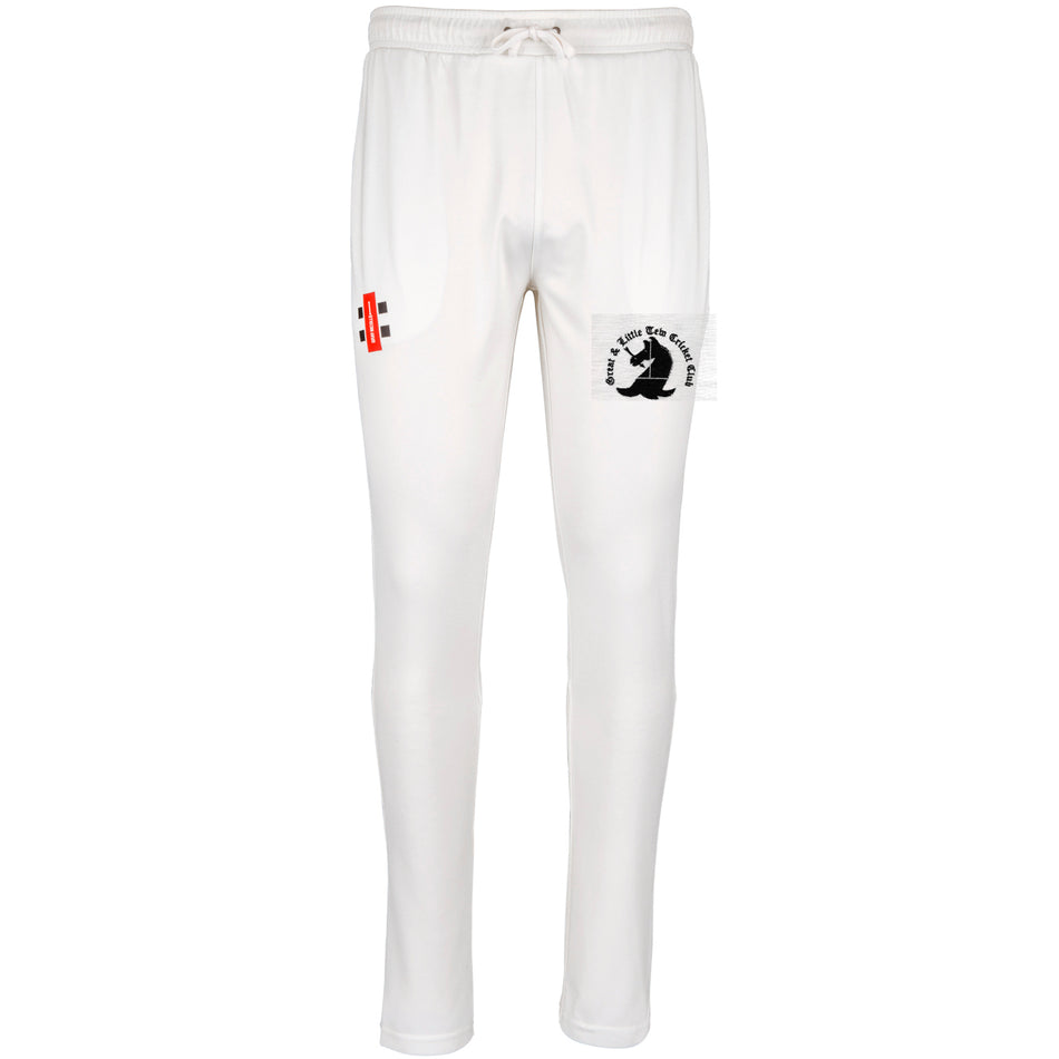 The Gray Nicolls Great Tew CC Pro Performance Cricket Trouser features a drawstring waist, black batsman logo and text on the right thigh, and a red & white emblem on the left. Designed for first-class cricket with excellent moisture management.