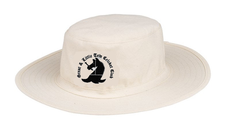 The Great Tew CC Sunhat by Martin Berrill Sports is a cream wide-brim hat with the club's horse head and cricket bat logo, ideal for fielders who want classic style and reliable sun protection.