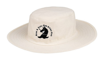 The Great Tew CC Sunhat by Martin Berrill Sports is a cream wide-brim hat with the club's horse head and cricket bat logo, ideal for fielders who want classic style and reliable sun protection.