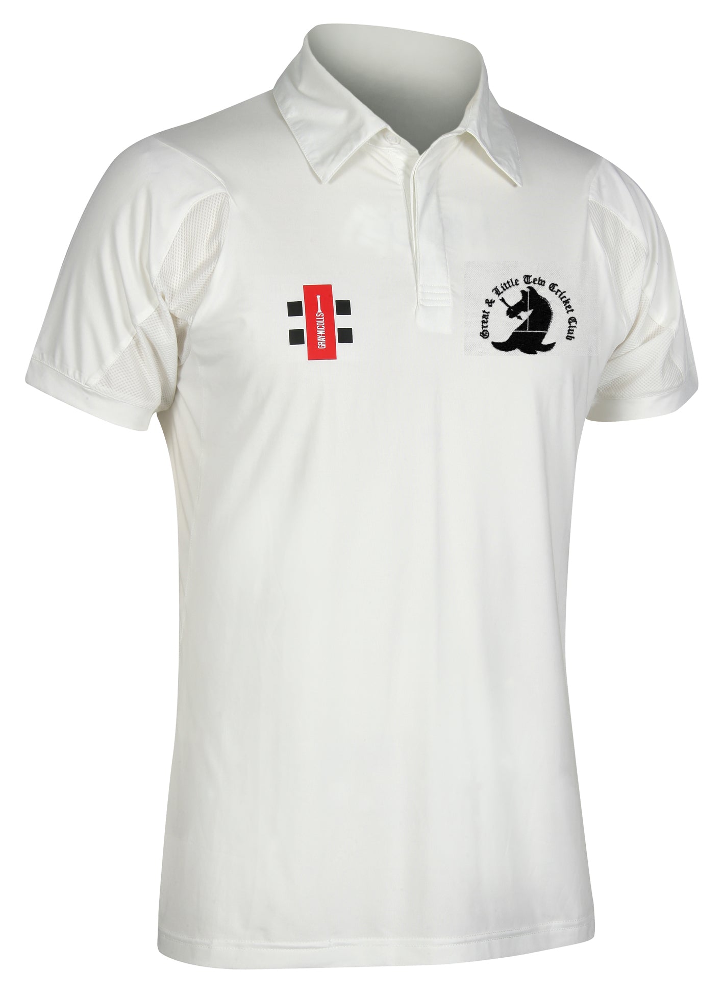 The Gray Nicolls Great Tew CC Velocity Short Sleeve Shirt is a white collared cricket top with black and red chest logos, a buttoned neckline, and moisture-wicking fabric for comfort on the field.