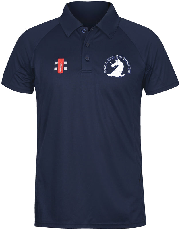 The Gray Nicolls Great Tew CC Matrix V2 Polo Shirt is a navy blue, short-sleeve cricket shirt with a collar, button placket, moisture-wicking fabric, club logo on the left chest, and red and white logo on the right—perfect for intense training.