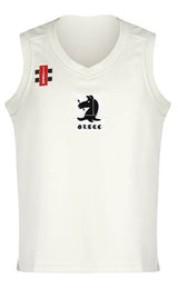 The Gray Nicolls Great Tew CC Pro Performance Slipover is a sleeveless white jersey with a black chess knight "GTECC" logo, red and black upper left patch, sport-specific fabrics, and a stylish V-neck collar.