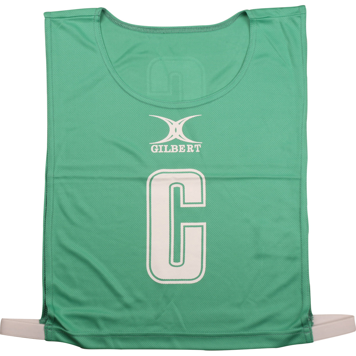 The green Gilbert Netball Bibs by Gilbert are made from breathable polyester, feature a large white “C” for center position with the brand name above, and are ideal for netball bib sets.