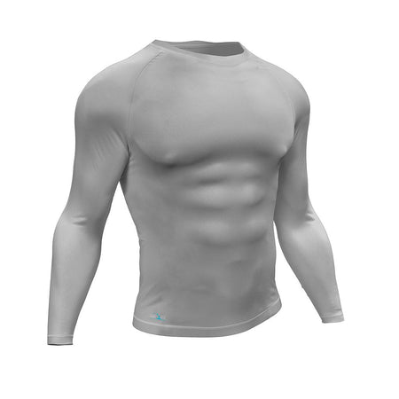 The Precision Training Essential Baselayer Long Sleeve Shirt for adults is shown in light gray on a headless male mannequin, emphasizing its fitted, athletic design for optimal muscle recovery.