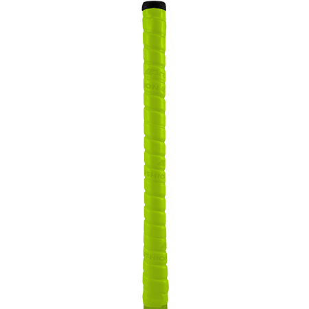 The Grays Cushion Grip by Grays in Fluo Yellow has a textured surface with horizontal ridges and a spiral pattern for ultra non-slip sports control. A black band enhances vibration dampening, ensuring a secure, comfortable grip.