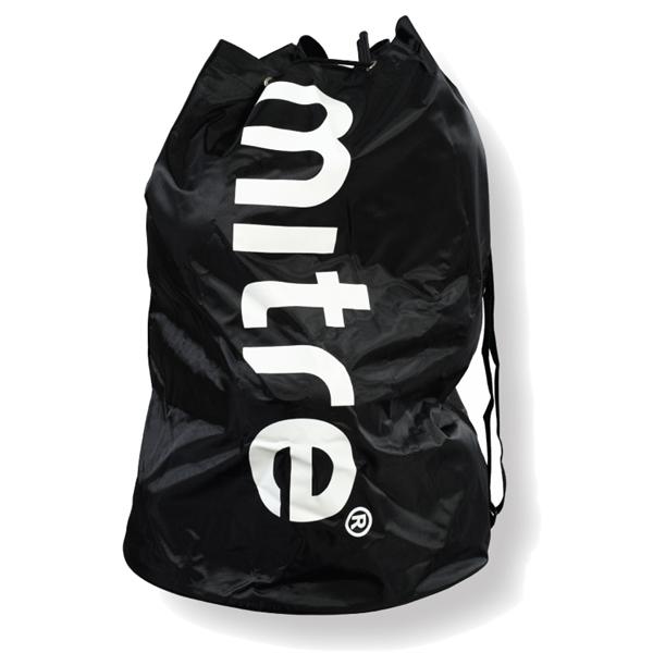The Mitre Ball Carrying Sack (12) is a large black sports bag by Mitre, featuring bold white branding, made from lightweight material, slightly crumpled in appearance, and holds up to 12 footballs—perfect for training sessions.