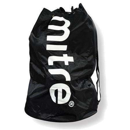 The Mitre Ball Carrying Sack (12) is a large black sports bag by Mitre, featuring bold white branding, made from lightweight material, slightly crumpled in appearance, and holds up to 12 footballs—perfect for training sessions.