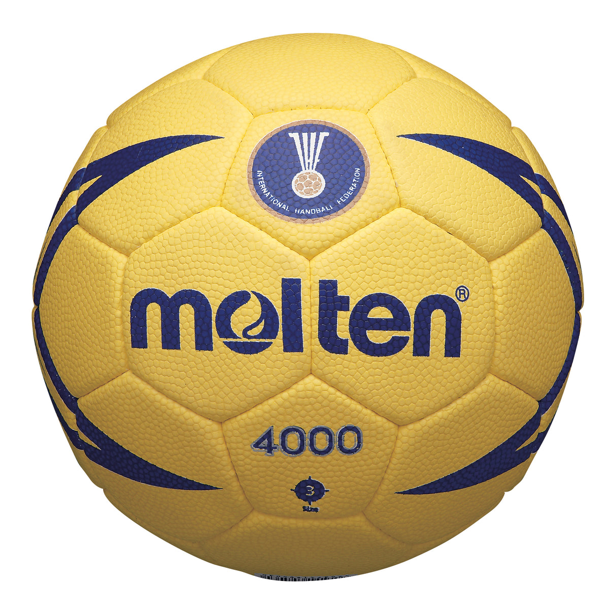 The Molten H2X4000 is a yellow, blue-accented Size 2 match handball with the Molten and IHF logos, 4000 mark, federation logo, and textured surface—officially approved for top-level play.