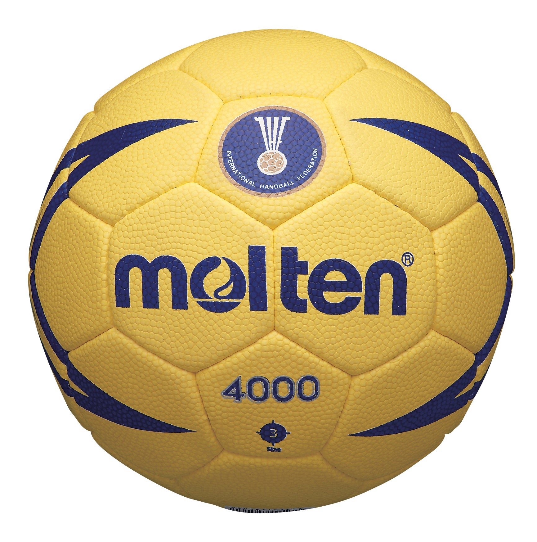 The Molten H2X4000 is a yellow, blue-accented Size 2 match handball with the Molten and IHF logos, 4000 mark, federation logo, and textured surface—officially approved for top-level play.