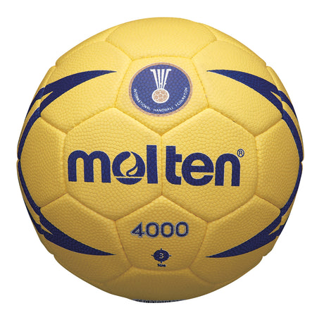 The Molten H2X4000 is a yellow, blue-accented Size 2 match handball with the Molten and IHF logos, 4000 mark, federation logo, and textured surface—officially approved for top-level play.