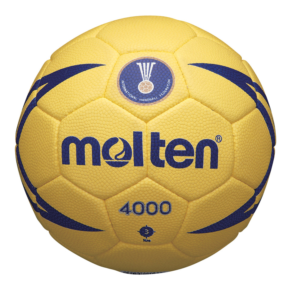 The Molten H2X4000 is a yellow, blue-accented Size 2 match handball with the Molten and IHF logos, 4000 mark, federation logo, and textured surface—officially approved for top-level play.