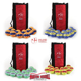 Twelve Mastersport Handballs in orange, blue, green, and yellow rest beside a black and red England Handball bag. Each cellular rubber ball displays the Central England Handball and Martin Berrill Sports logos. Brand: Mastersport.
