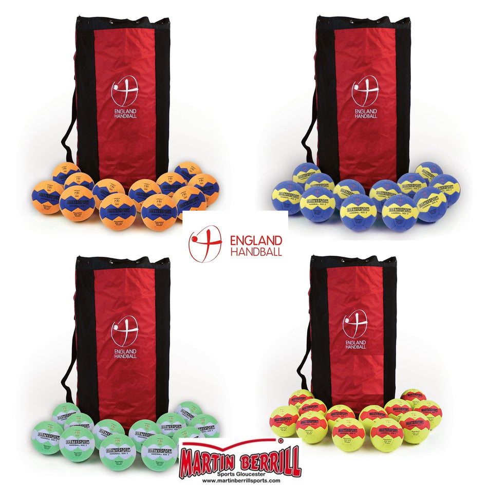 Twelve Mastersport Handballs in orange, blue, green, and yellow rest beside a black and red England Handball bag. Each cellular rubber ball displays the Central England Handball and Martin Berrill Sports logos. Brand: Mastersport.