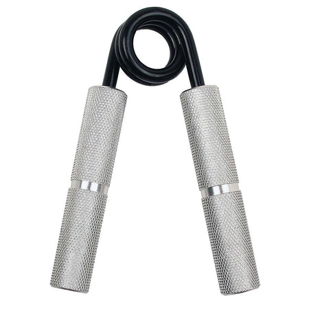 The Fitness Mad Aluminium Hand Grip by Fitness Mad features textured silver handles and a black coil spring, designed to enhance grip strength and boost hand and forearm endurance.