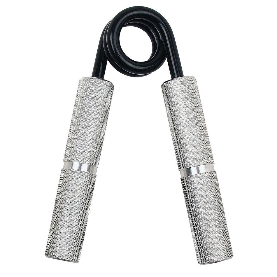 The Fitness Mad Aluminium Hand Grip by Fitness Mad features textured silver handles and a black coil spring, designed to enhance grip strength and boost hand and forearm endurance.