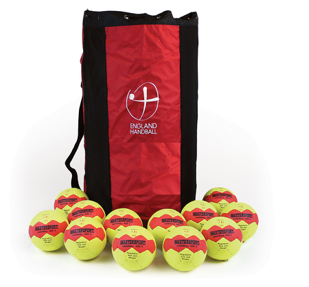 A Mastersport Handball (12 Pack) sits in front of a red and black bag marked England Handball. The handballs are yellow and red, hand stitched, EHA approved, and from the Mastersport brand.