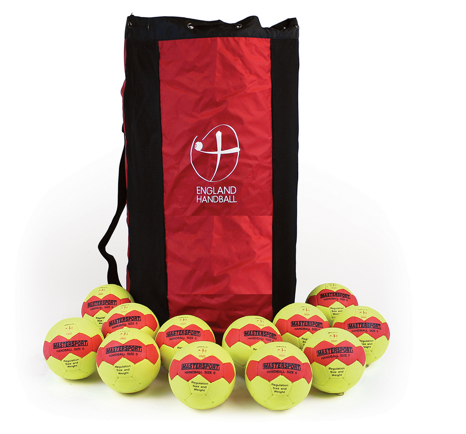 A Mastersport Handball (12 Pack) sits in front of a red and black bag marked England Handball. The handballs are yellow and red, hand stitched, EHA approved, and from the Mastersport brand.
