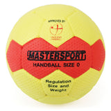 The Mastersport Handball (size 0) in yellow and red features the EHA approved logo and "Regulation Size and Weight" on its surface, making it an ideal educational handball for training or school use.