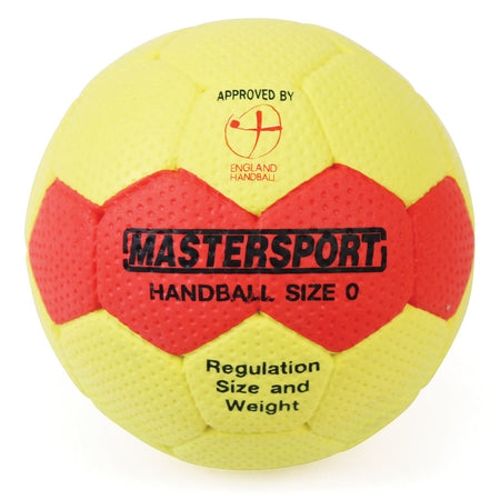 The Mastersport Handball (size 0) in yellow and red features the EHA approved logo and "Regulation Size and Weight" on its surface, making it an ideal educational handball for training or school use.