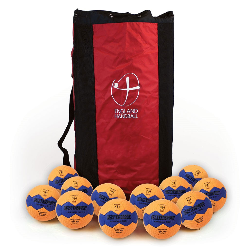 A red and black England Handball bag with a white logo stands upright, surrounded by twelve yellow and blue Mastersport Handballs, EHA approved and made with high-quality cellular rubber construction. The balls are branded Mastersport.