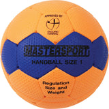 The Mastersport Handball by Mastersport is orange and blue, marked "MASTERSPORT HANDBALL SIZE 1" with "Regulation Size and Weight." EHA approved, it features the England Handball logo—ideal for educational use.
