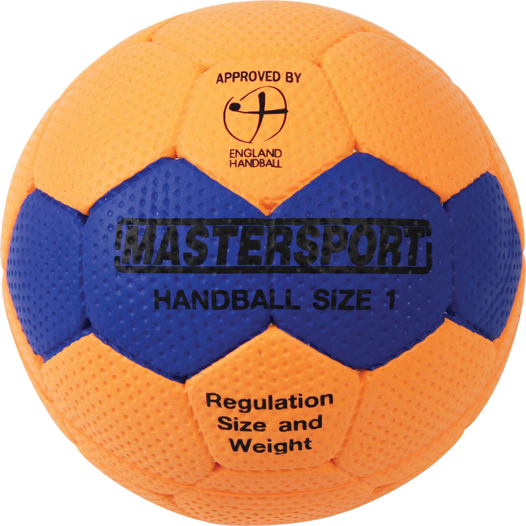 The Mastersport Handball by Mastersport is orange and blue, marked "MASTERSPORT HANDBALL SIZE 1" with "Regulation Size and Weight." EHA approved, it features the England Handball logo—ideal for educational use.
