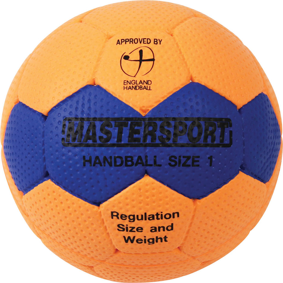 The Mastersport Handball by Mastersport is orange and blue, marked "MASTERSPORT HANDBALL SIZE 1" with "Regulation Size and Weight." EHA approved, it features the England Handball logo—ideal for educational use.