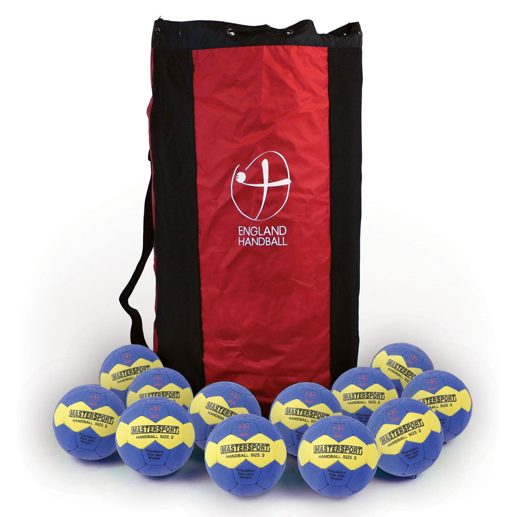 A red and black sports bag labeled Mastersport stands behind a row of twelve blue and yellow Mastersport Handball (12 Pack), each made from premium cellular rubber for durability.