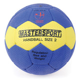 The Mastersport Handball by Mastersport features a blue and yellow design, labeled HAND BALL SIZE 2 with Regulation Size and Weight, displays the England Handball logo, is EHA approved, and ideal for schools or club use.