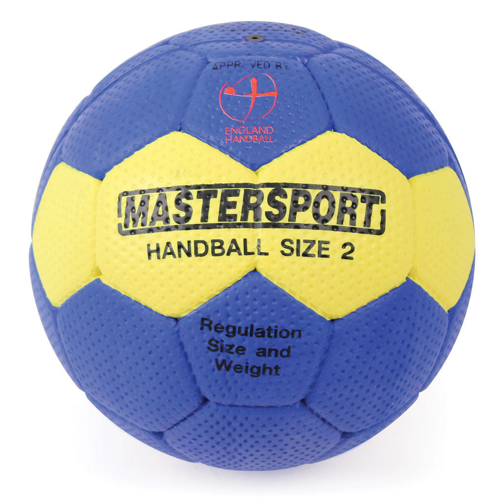 The Mastersport Handball by Mastersport features a blue and yellow design, labeled HAND BALL SIZE 2 with Regulation Size and Weight, displays the England Handball logo, is EHA approved, and ideal for schools or club use.