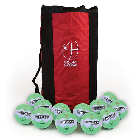A Mastersport Handball (12 Pack) set is shown with a red and black England Handball bag standing upright behind ten green and white EHA-approved Mastersport balls, each marked “HANDBALL SIZE 1” and made of durable cellular rubber.