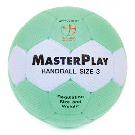 The Mastersport Handball by Mastersport features a green and white design, "Handball Size 3," "Regulation Size and Weight," the England Handball logo, and "Approved by England Handball"—ideal for educational handball use.