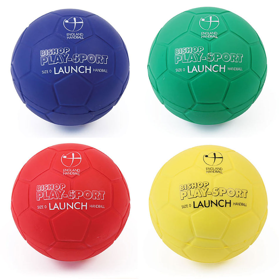 A set of four Mastersport Launch Handballs from England Handball, in blue, green, red, and yellow, are arranged 2x2 on white. Each PU foam handball is England Handball Association approved.