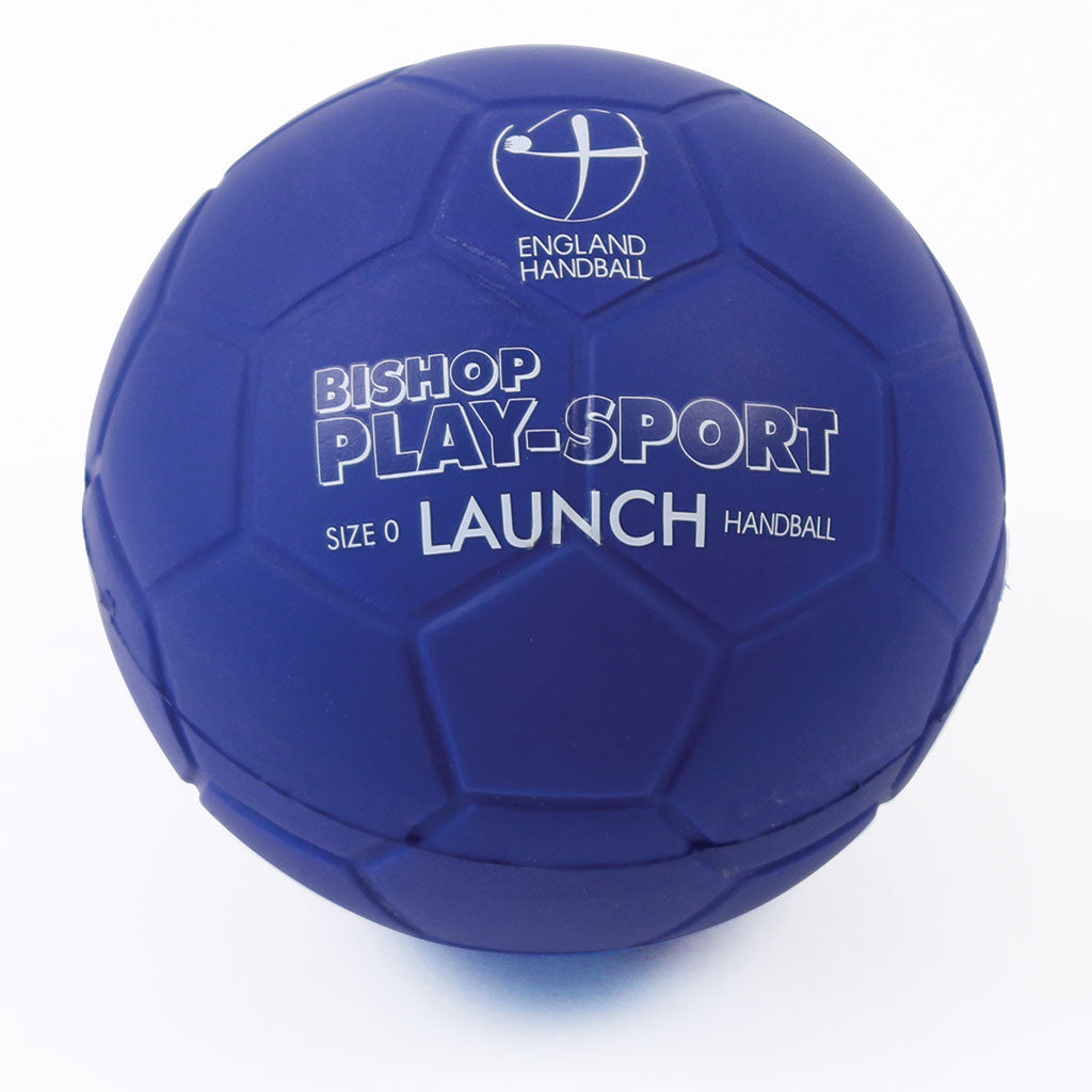 A blue Launch Handball from England Handball (Set of 4) by Mastersport, featuring a hexagonal pattern and the England Handball logo in white; this PU foam handball is approved by the England Handball Association.