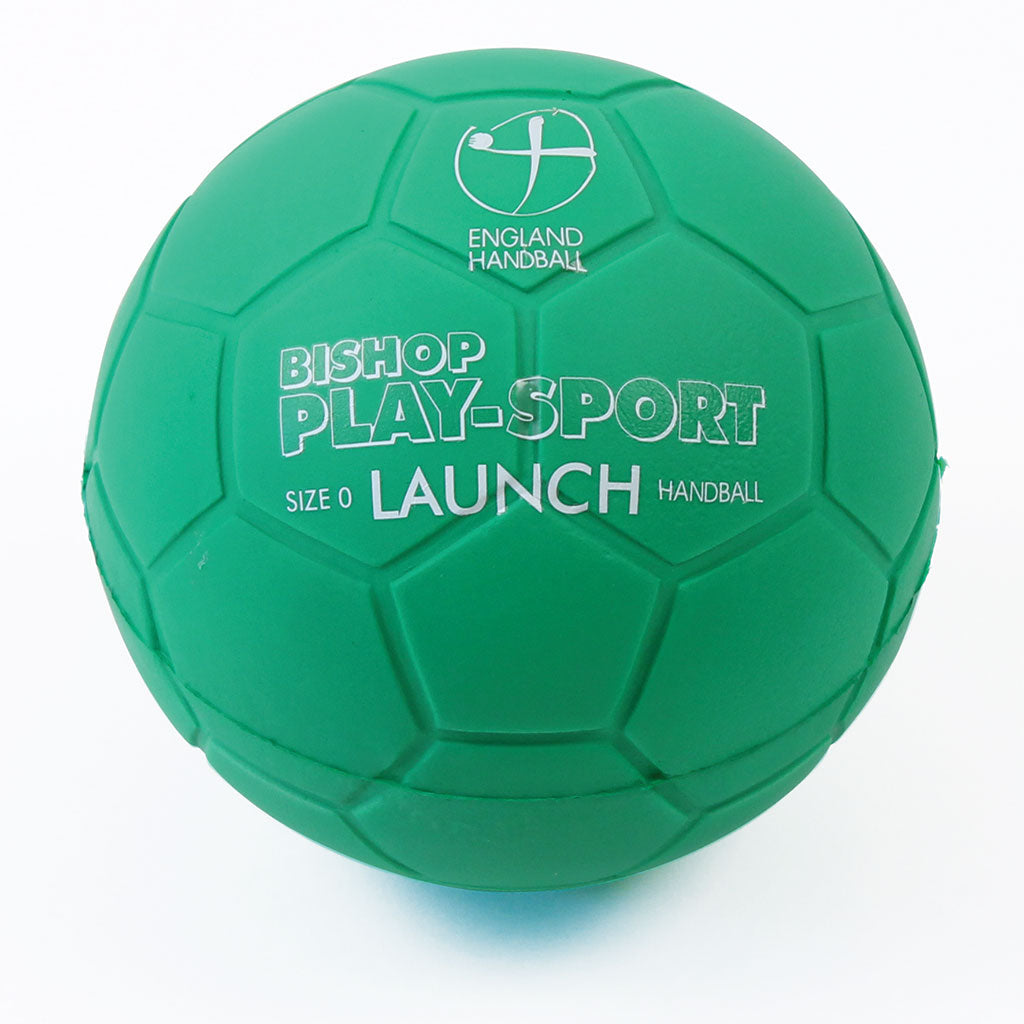 A set of 4 green PU foam Mastersport Launch Handballs, size 0, featuring hexagonal patterns and approved by England Handball Association. Each ball displays the white England Handball logo.