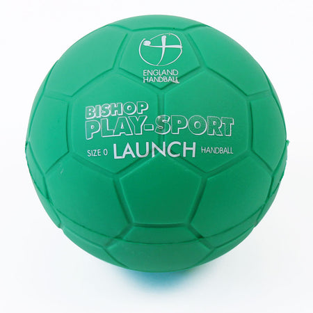 A set of 4 green PU foam Mastersport Launch Handballs, size 0, featuring hexagonal patterns and approved by England Handball Association. Each ball displays the white England Handball logo.