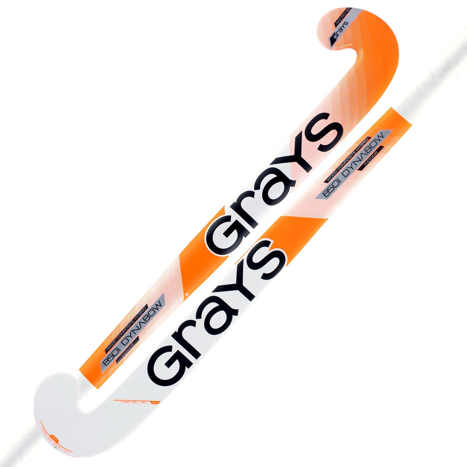 Two orange and white Grays 850i Probow Indoor Wooden Hockey Sticks feature bold black "Grays" branding, angular patterns, a Probow blade, and model name near the curved end.