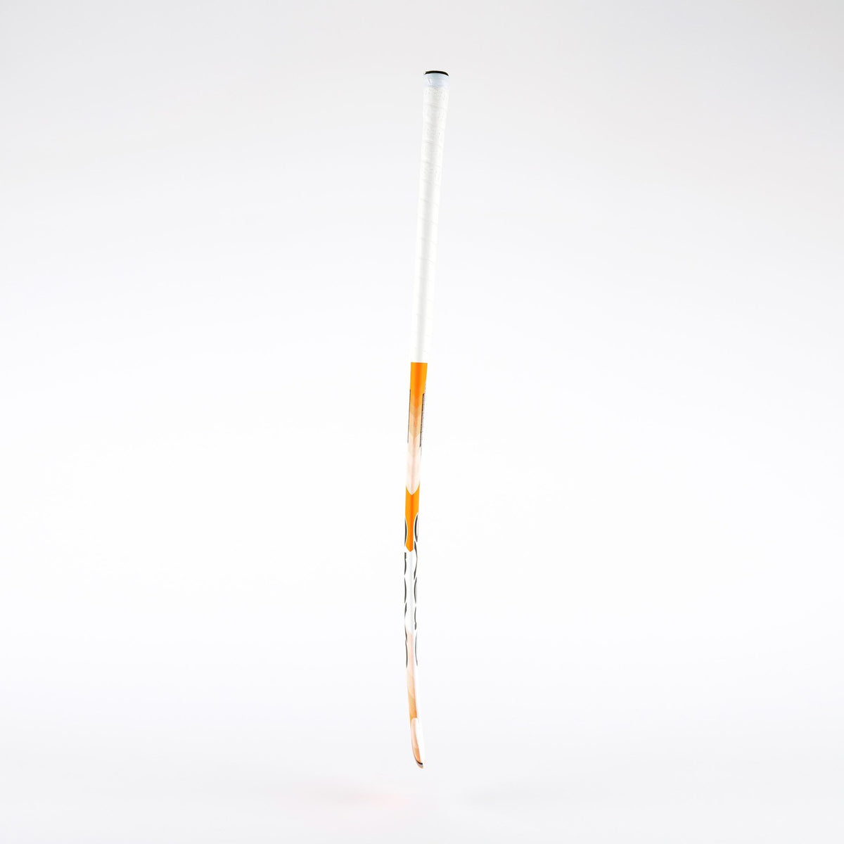 The Grays 850i Probow Indoor Wooden Hockey Stick by Grays stands vertically against a plain white background, its clean lines evoking the sleek design of a fencing sword with a white grip and orange guard.