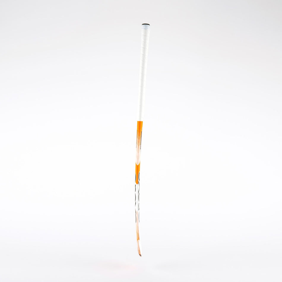 The Grays 850i Probow Indoor Wooden Hockey Stick by Grays stands vertically against a plain white background, its clean lines evoking the sleek design of a fencing sword with a white grip and orange guard.