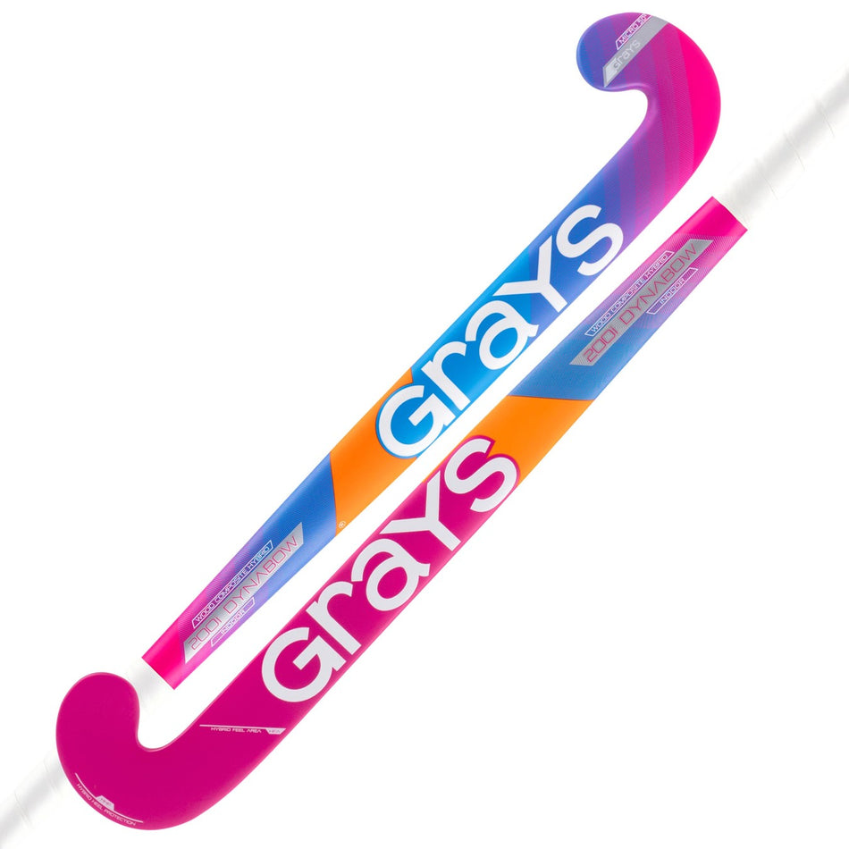 Two Grays 200i Ultrabow Indoor Wooden Hockey Sticks are shown side by side, featuring vibrant pink, blue, orange, and white accents. Each stick has the Grays logo in large white letters and is built with a wood composite and fiberglass reinforcement.