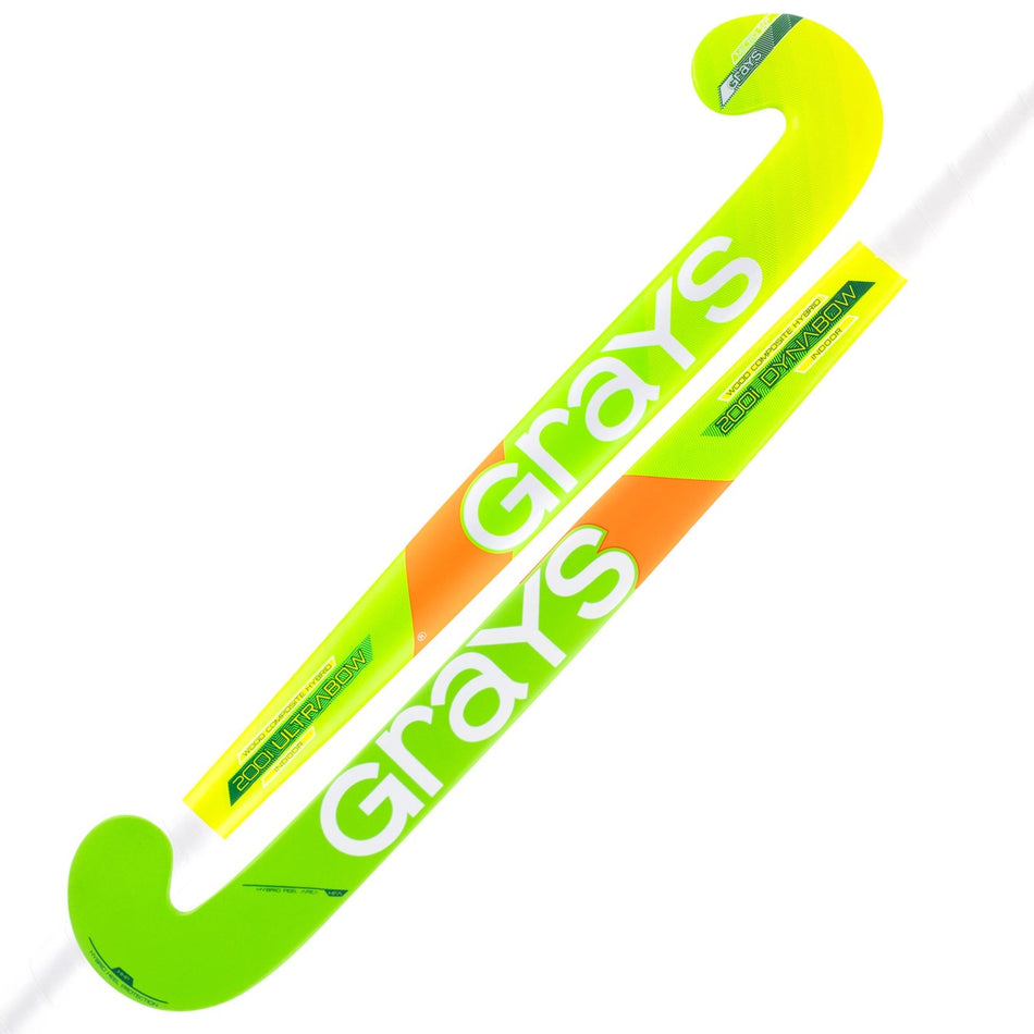 Two Grays 200i Ultrabow Indoor Wooden Hockey Sticks with fibreglass reinforcement in bright green and yellow, featuring orange accents and the Ultrabow blade, are placed diagonally on a white background.
