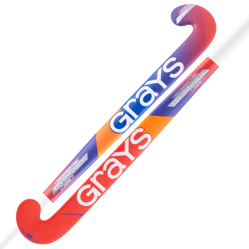 Two Grays 100i Ultrabow Indoor Wooden Hockey Sticks by Grays, featuring blue and red colors with white branding, are displayed side by side.