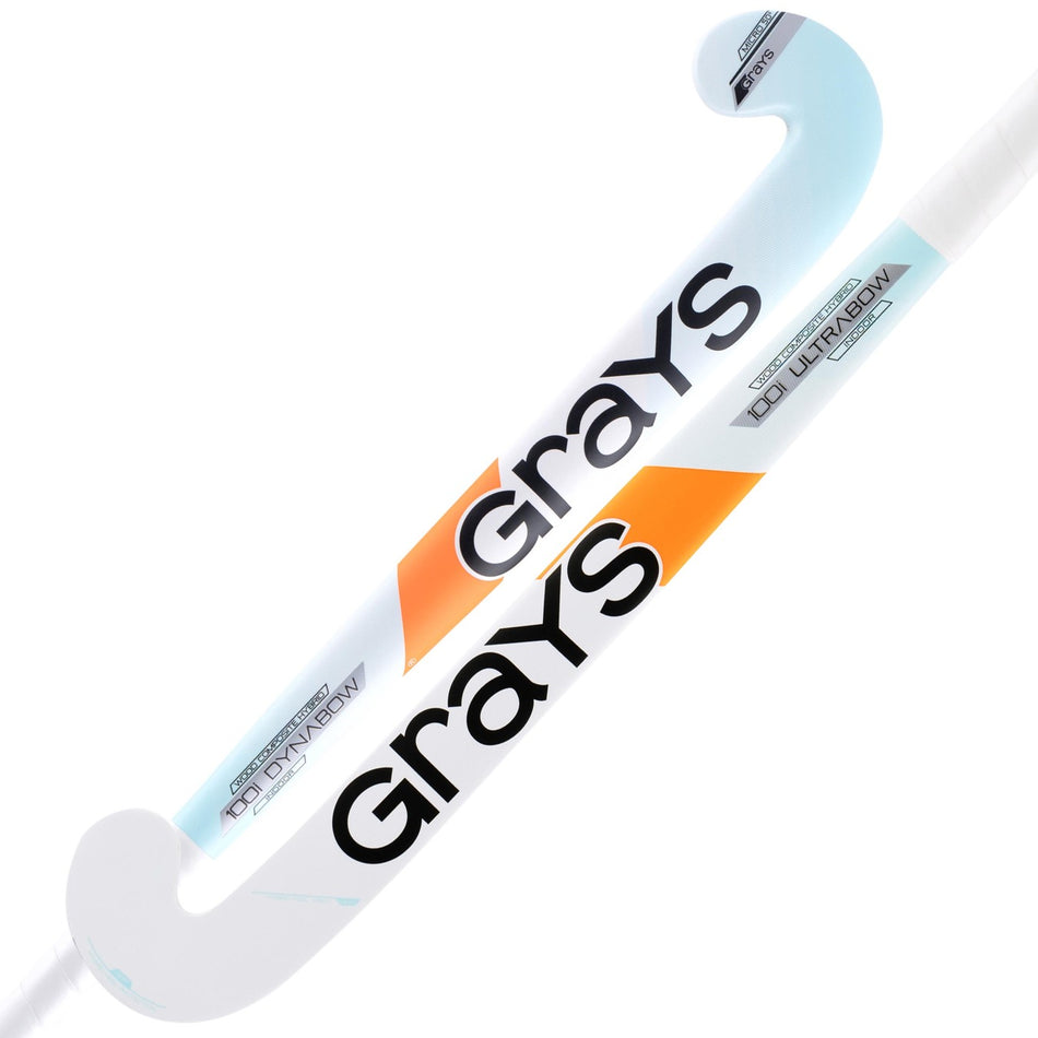Two Grays 100i Ultrabow Indoor Wooden Hockey Sticks in White/Sky are positioned diagonally and slightly overlapping, each featuring the prominent Grays logo.