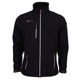 The Grays Mens Radius Soft Shell Jacket in black features a high collar, modern fit, front zip, and three zippered pockets. Accented with orange and gray details plus Grays chest logo. Breathable water-resistant fabric for comfort.