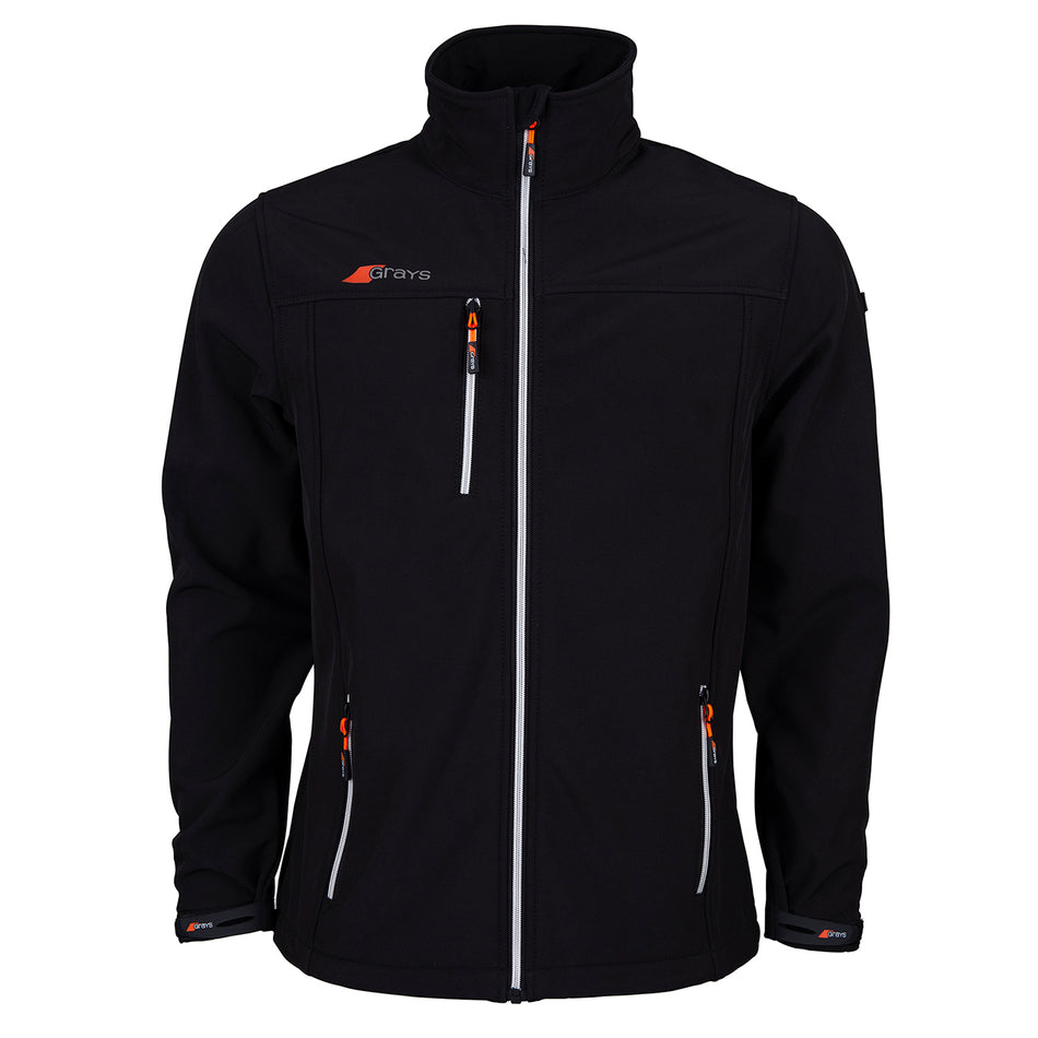The Grays Mens Radius Soft Shell Jacket in black features a high collar, modern fit, front zip, and three zippered pockets. Accented with orange and gray details plus Grays chest logo. Breathable water-resistant fabric for comfort.